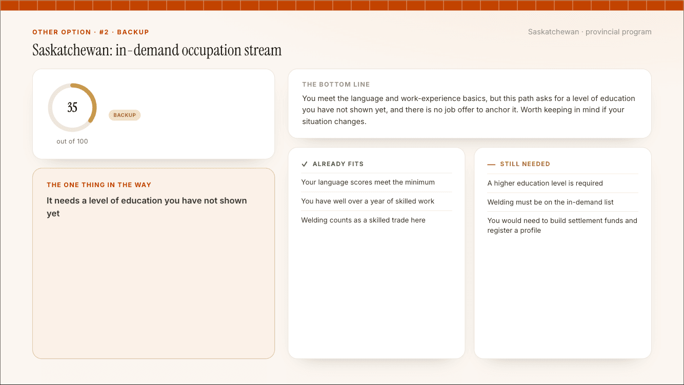 Sample report page: a second program you also matched, with what already fits and what is still needed.